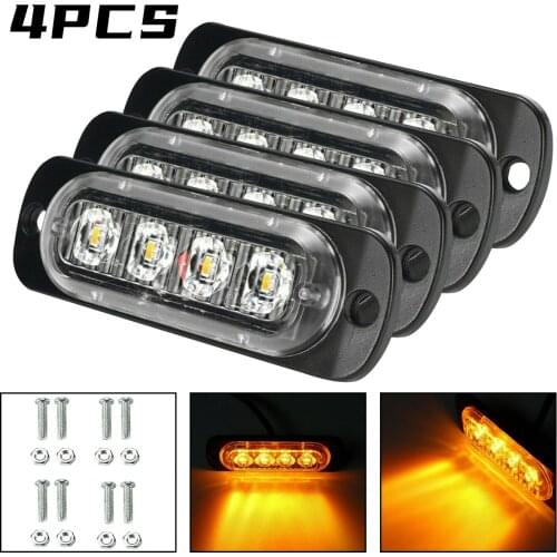4PCS Amber Led Strobe Warning Light 4 LED Light Bar Car Truck Hazard Beacon Warning Light Grille Flashing Lightbar Car Led Light