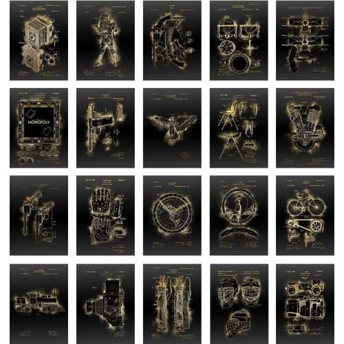 Abstract Painting Retro Black Gold Mechanical Poster Gun Motor Canvas Painting Wall Art Parts Painting Living Room Decoration