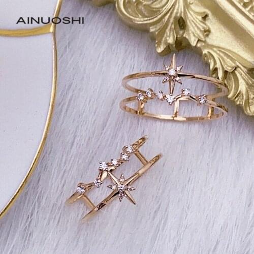 AINUOSHI 18K Gold 0.08ct Round Cut Real Natural Diamond Wedding Engagement for Women Star Shape Fine Trendy Ring Jewelry