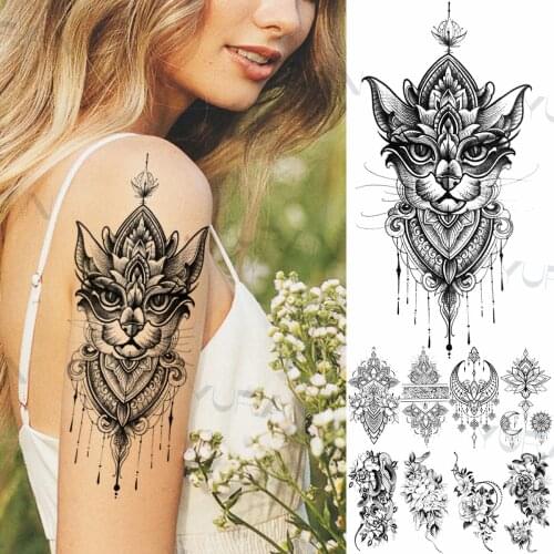 Black Owl Cat Pendant Temporary Tattoos For Women Girls Adult Fake Snake Moon Flower Animal Tattoo Sticker DIY Tatoo Henna Paste