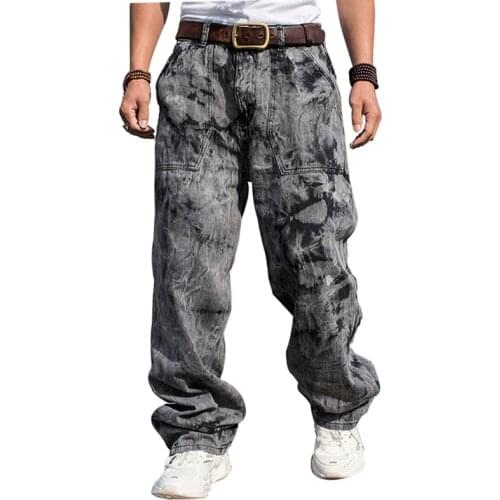 Loose Jeans Men Denim Pants Tie dye Printing Straight Casual Streetwear Hip Hop Skateboard Gray Wide Leg Trousers Large Size