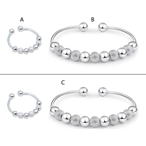 Silver Ring Women Adjustable Anxiety Fidget Ring Anxiety Ring with Beads Stress Relief Ring Spinner Ring Meditation Ring
