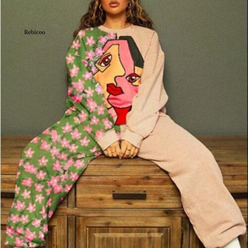 Abstract Pattern Print Women 2 Piece Set Winter Fashion Casual O Neck Tops And Loose Pant Tracksuit Sets Autumn Streetwears