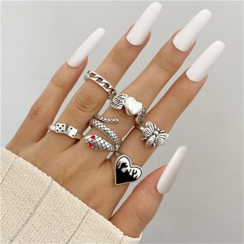 Punk Gothic Silver Snake Finger Ring Set 6PCS For WomenHeart Butterfly Wing Angel Wings Cupid Charms Rings Jewelry Anillos