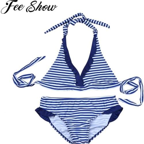FEESHOW Teen Girls Swimsuits New Summer Beach Wear Striped Tankini Swimwear Halter Tops with Bottoms Girls Bikini Bathing Suits