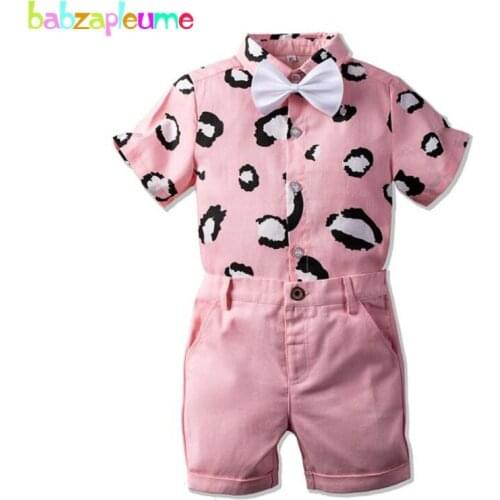 Summer Outfits For Baby Boys Clothes Fashion Pink Print Short Sleeve Cotton Gentleman T-shirt+Shorts Newborn Clothing Set 1896-1