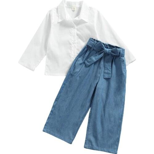 2021 0-6Y Autumn Kids Baby Girl Clothes Set Fashion White Solid Long Sleeve Shirt+Blue Denim Wide Leg Pants With Bow Belt 2pcs