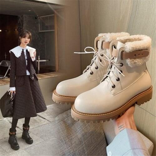 PXELENA Fashion Lambswool Martin Boots Women Lace Up Chunky Med Heels Winter Warm Shoes Motorcycle Military Short Boot Lady 2021