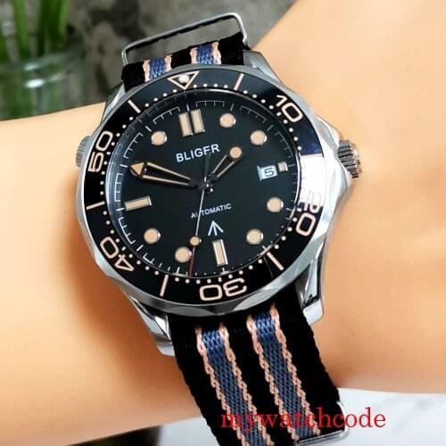 Bliger 41mm Black Dial Mechanical Automatic Men Watch MIYOTA MINGZHU Movement Calendar Sapphire Crystal Nylon Strap