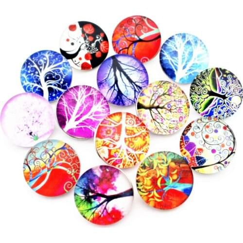 New Arrived 10pcs/lot Colorful Life Tree Printing Glass Snap Button Chams Fit 18mm Ginger Snap Bracelet Necklace DIY Jewelry