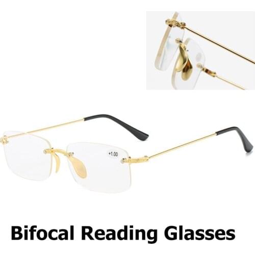 New Bifocal Reading Glasses For Women Fashion Rectangular Rimless Eyeglasses Clear Lens Degree Range +1.0 To +4.0
