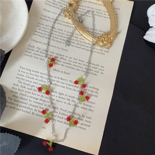 Origin Summer Vintage Red Color Beads Braid Pendant Necklace for Women Gold Color Thin Chains Fruit Chokers Necklaces Gifts