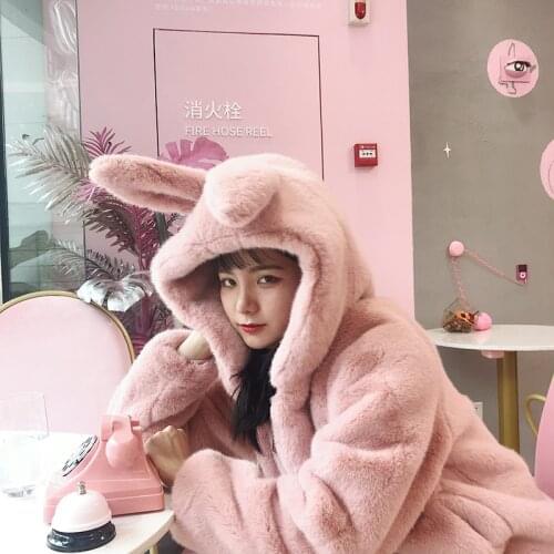 Cute Hooded Faux Fur Rabbit Ears Hooded Fluffy Coat Cartoon Imitation Rabbit Fur Grass Thick Jacket Soft Cardigan Bomber Tops
