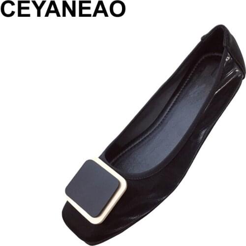 CEYANEAOLow Mouth Large Size Shoes Woman Autumn Buckle Female Shoes Casual Slipper Womens Loafers Square Toe Large Size Autumn