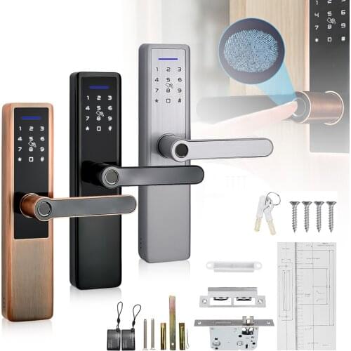 Smart Digital Electronic Door Lock Biometric Fingerprint Lock Interior Doors Handle Lever Black Safety Lock with Keys Pad Card