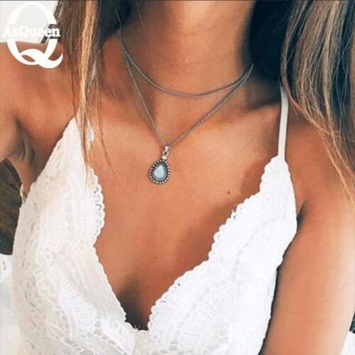 Vintage Silver Pendant Necklace For Water Drop Stone Necklace Two Layers Female Jewelry