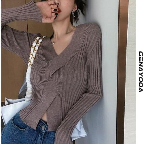 Genayooa Sexy Knitted Tops T Shirt Women Long Sleeve V Neck Slim Womens T-shirt Korean Style Spring Autumn Vintage Clothes