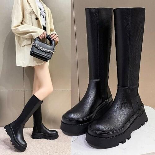 Women Boots Ladies Shoes Slip on Ankle Mid Calf Boots Platform Non Slip PU Leather Soft Footwear Woman Fashion Autumn Winter New
