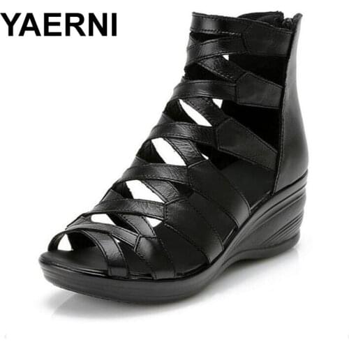 YAERNI Women shoes summer sandals 2018 plus size comfortable mother cow leather shoes woman sandals casual wedges sandals E507