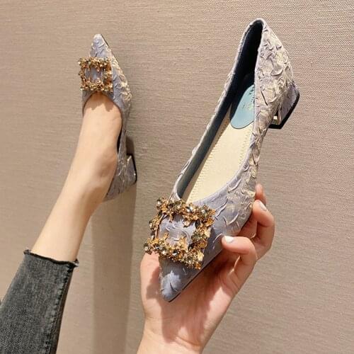Women High Heels Fashion Shallow Mouth Rhinestone Chunky Heel Shoes Non-Slip Office Ladies Party Temperament Folds Pumps