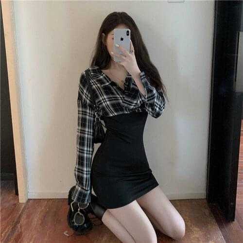 Dresses for Women Early Spring 2021 Polo Collar Long Sleeve Plaid Stitching Short Dress for Women Vestido De Mujer Femme Robe