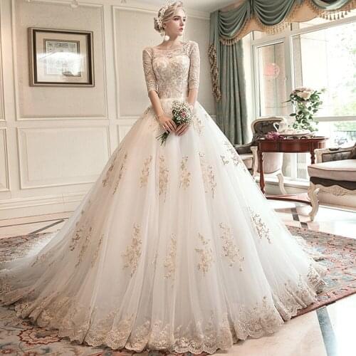 Robe Mariage Femme China Custom Made Lace Up Half Sleeve Gold Appliques Ivory Ball Gown Wedding Dress Plus Size Trajes De Novia