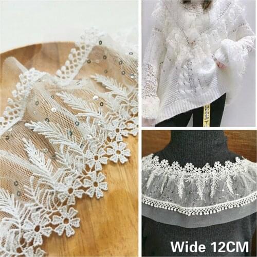 12CM Wide Three Layers White Cotton Embroidered Fringe Ribbon Glitter Sequins Mesh Lace Trim Applique DIY Clothing Sewing Decor