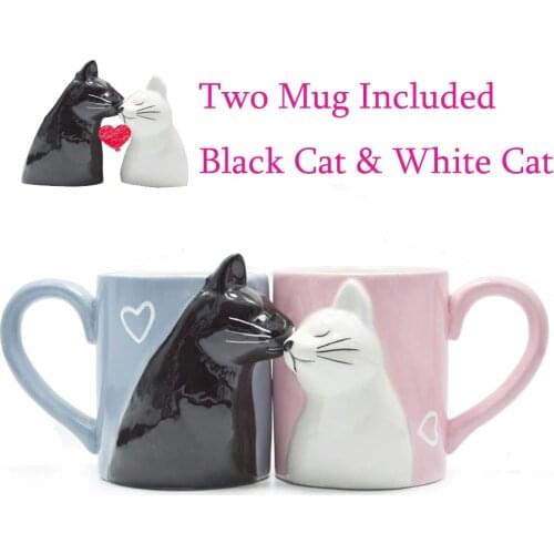 2pcs 3D cat cup stereo cat couple ceramic mug pink and blue cat kiss cat to mugs Valentines Day gift marriage housewarming