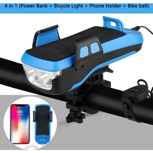 4 in 1 Bicycle Phone Holder Power Bank Charger Bike Light MTB Handlebar Bike Horn Bell LED Light Phone Stand Bracket for iPhone