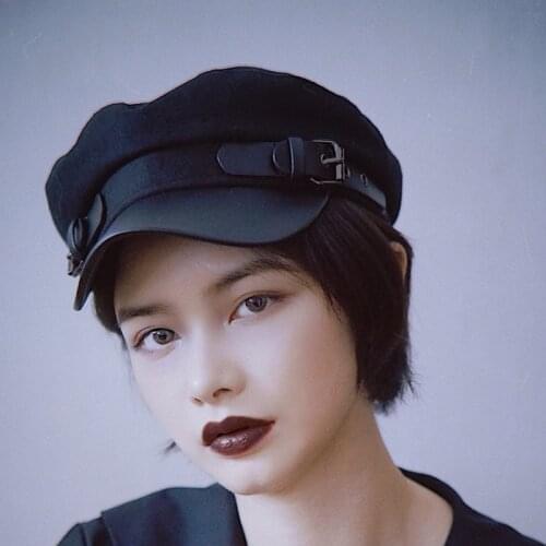 Gothic Beret Buckle Belt Accessories Cool Black Hat For Women Men Casual Vintage Black Newsboy Hats Street wear