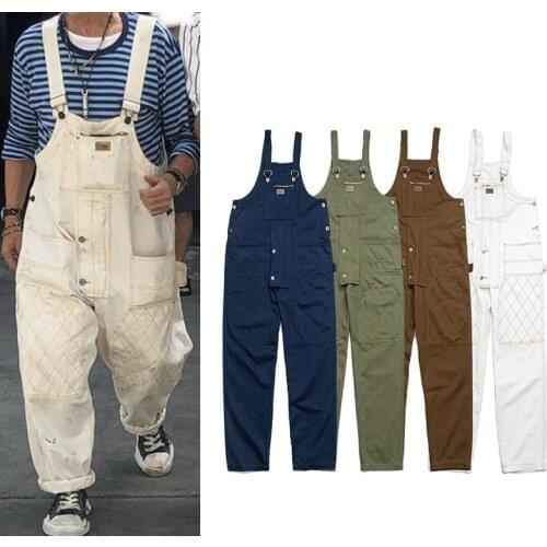 Safari Style Multi-Pockets Bib Overalls Men Hip Hop Streetwear Cargo Work Pants Coveralls Mens Casual Loose Pant Strap Trousers