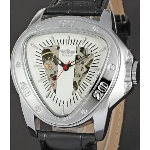 WINNER Triangle Skeleton Engraved Screw Bezel Classic Men Women Quartz Wristwatches Casual Waterproof Leather Watch