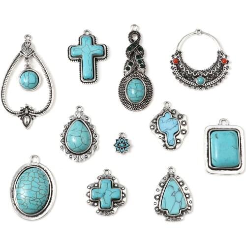DoreenBox Turquoise Charms Pendant Geometric Antique Silver Color Green Blue Pendants for DIY Earrings Jewelry for Women, 5 PCs