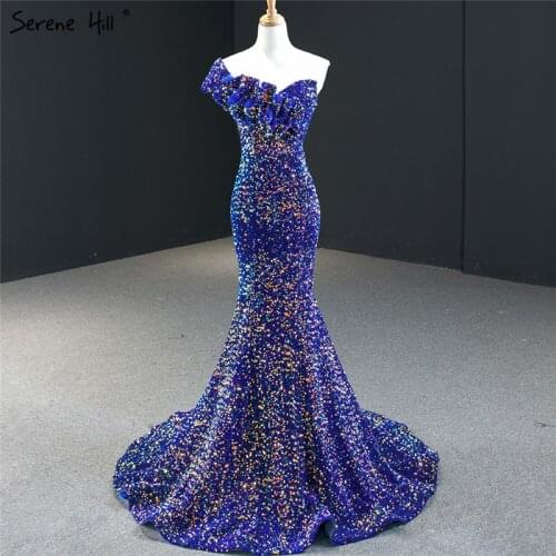 Dubai Royal Blue One Shoulder Evening Dresses 2020 Sequins Sparkle Sexy Mermaid Formal Dress Serene Hill HM67111