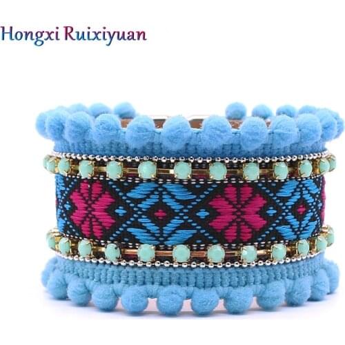Leather bracelet Handmade Bohemia Bangles&Bracelets Women Magnet Clasp Female Bangles Vintage Flower Rhinestone Design Bracelets