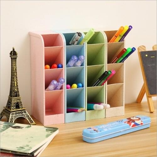 Wheat Straw Multi-function 4 Grid Desktop Pen Holder Office School Storage Case Clear 4 colors Box Desk Pen Pencil Organizer