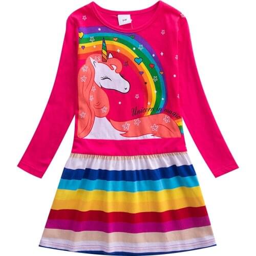 Spring and autumn new style 100% cotton baby girl clothes cartoon unicorn pattern striped baby girl dress stitching kids clothes