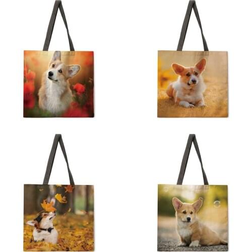 Autumn and Corgi linen tote bag beach bag ladies shoulder bag foldable shopping bag reusable fashion bag