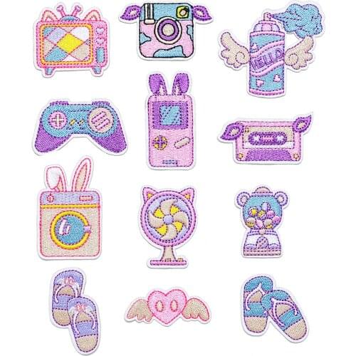 Pink TV Embroidery Patches Iron on Cartoon Gamepad Badges DIY Thermo Stickers for Girls Clothes Holes Patch Decorative Appliques