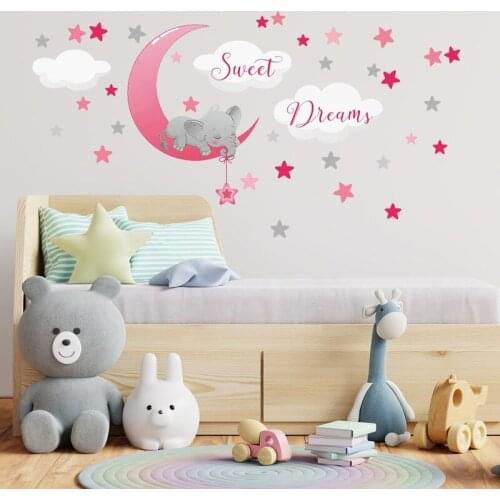 Modern Cartoon Wall Stickers for Kids Room Bedroom Decor Living Room Sofa Background Moon Star Elephant Animal Decal Wallpaper