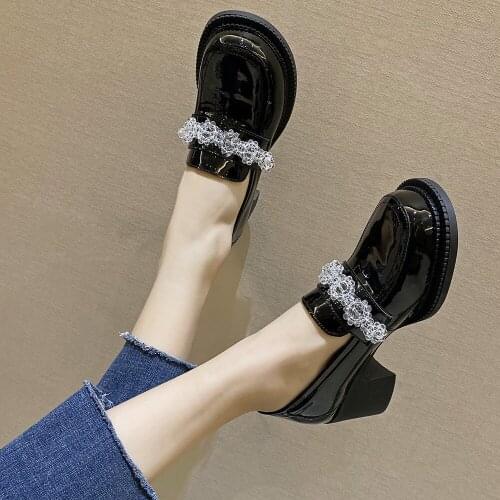 Rhinestone Women Heels Oxford Med Chunky Heel Pumps Shoes Retro Square Toe Slip On Leather England Style Spring Pumps Shoes