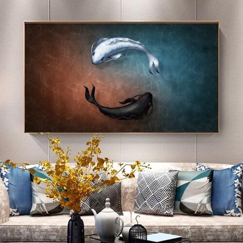 Tai chi Canvas Art Black White Fish Animal Oil Painting Wall Art Prints For Living Room Prints Posters