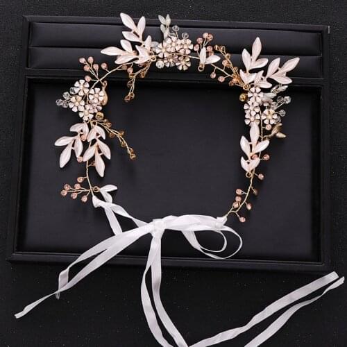 Vintage Gold Wedding Headband Handmade Headdress Pearl Crystal Flower Leaf Bride Tiara Headband Wedding Hair Accessories