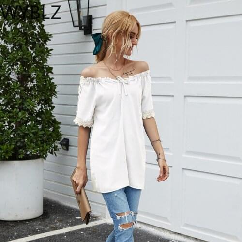 WYBLZ New Sexy Off Shoulder Blouse Women Lace Short Sleeve Shirts Summer Fashion Plus Size Sheer Lace Frill Blouser Tops