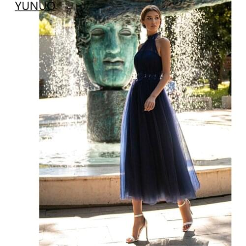 YUNUO Navy Blue Dotted Tulle Prom Dresses Vintage High Neck Appliques Pearls Mothers Formal Party Gowns платье на выпускной