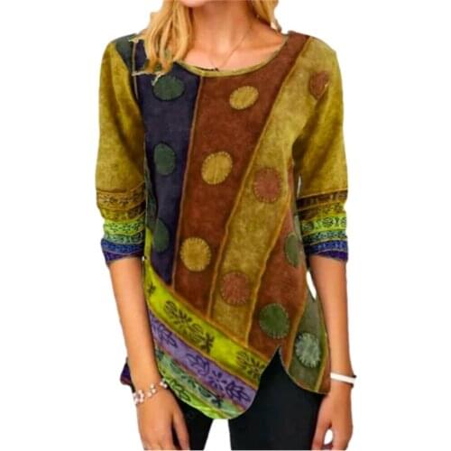 Retro Printed Side Button Irregular Shirt 2021 Spring Elegant O Neck Patchwork Top Autumn Long Sleeve Women T-Shirt Size S-5xl