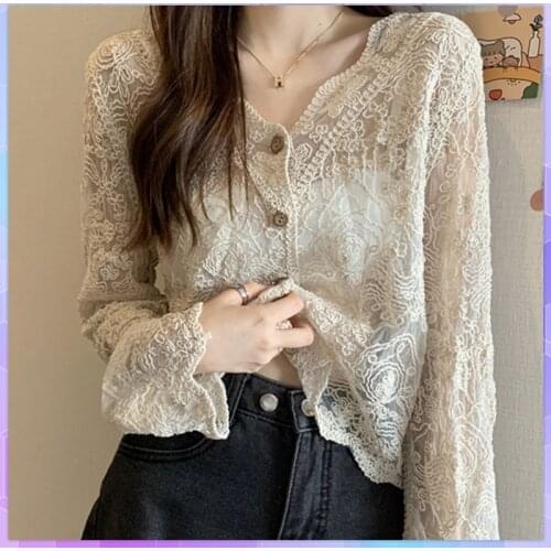 Summer Lace Croche Women Sexy Crochet Bikini Cover Up Floral Cardigan Summer V-Neck Long Sleeve Bathing Swimwear Beach Cover Up