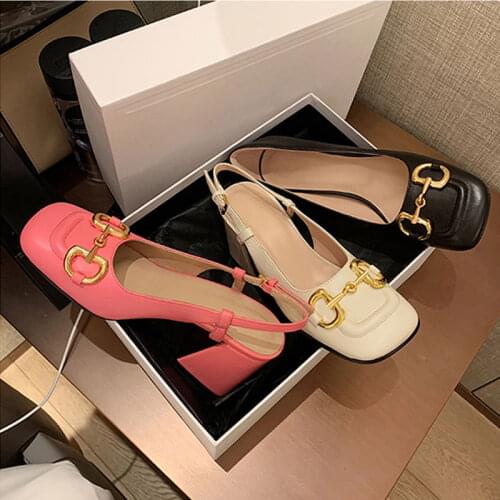 2021 new decorative button single shoes women retro chunky heels sandals women small square head shallow mouth
