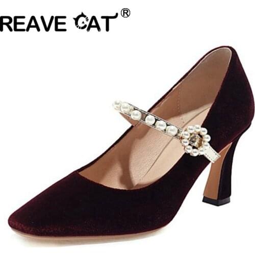 REAVE CAT New 2021 Women Pumps Square Toe 7.5cm Block Heels Flock Buckle Pearl Elegant Vintage Big Size 34-48 Casual Date A3825