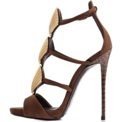 Dipsloot Woman Chocolate Suede Golden Shells Cover Heel Summer Sandal Female Ankle Strap Thin Heels Gladiator Cut Out Sandals